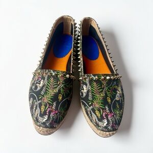 $870 Christian Louboutin Black Floral Studded Canvas Flats Raffia Espadrilles 36